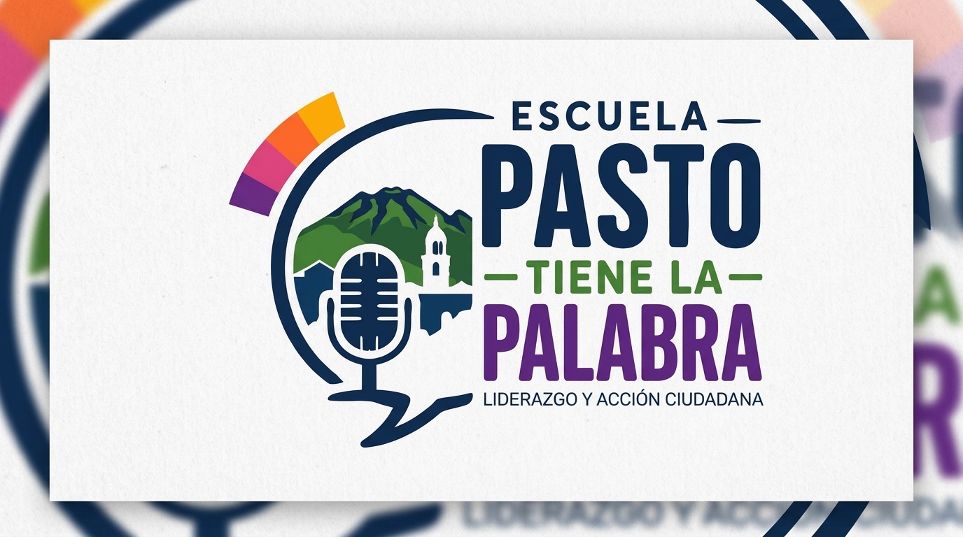 Ilustración de un micrófono frente al paisaje de Pasto, rodeado de colores que representan la diversidad.